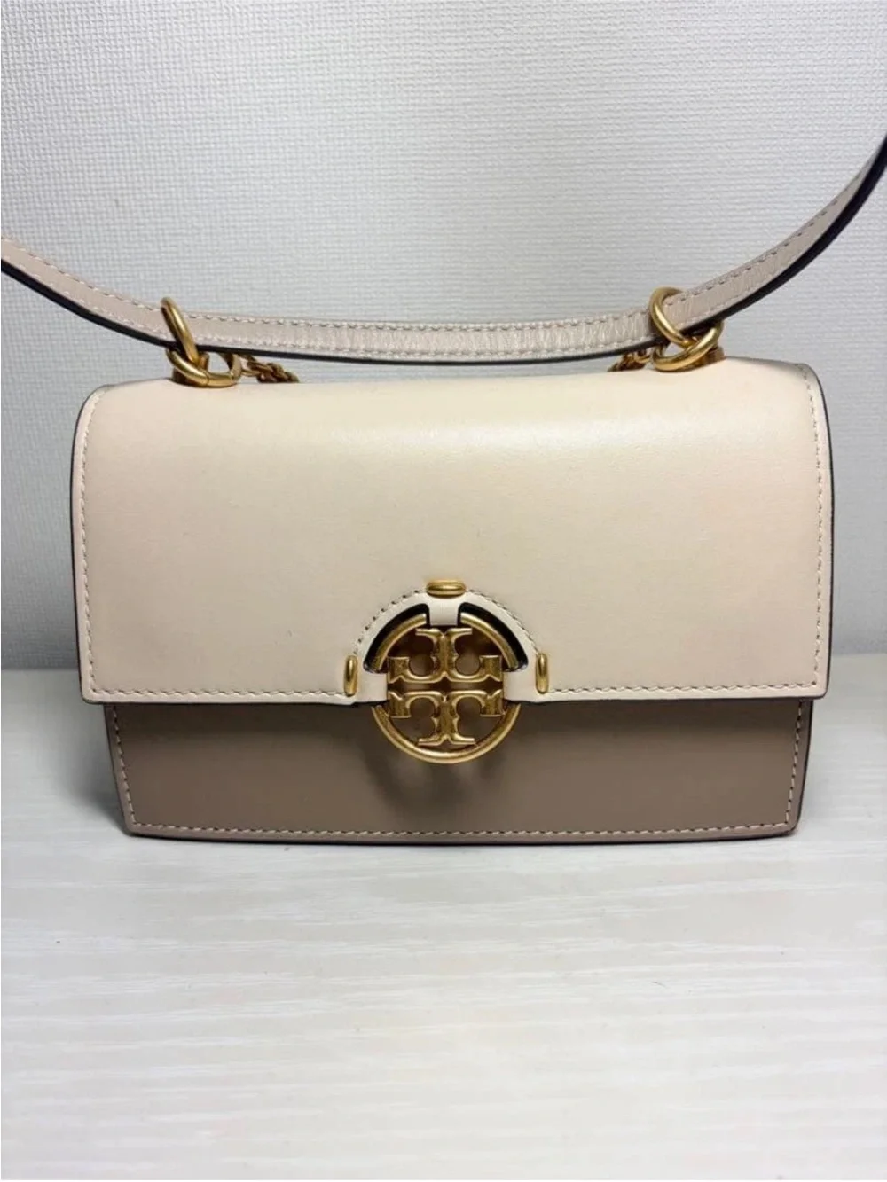 Tory Burch Two-Tone Cream and Taupe Leather Crossbody with Gold Logo